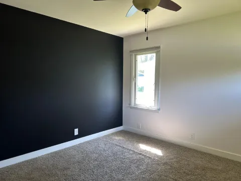 Bedroom interior painting project featuring a bold dark accent wall and freshly painted trim