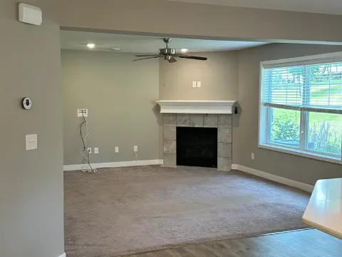 Interior painting project featuring smooth gray walls, crisp white trim, a fireplace accent wall, and clean professional finishes